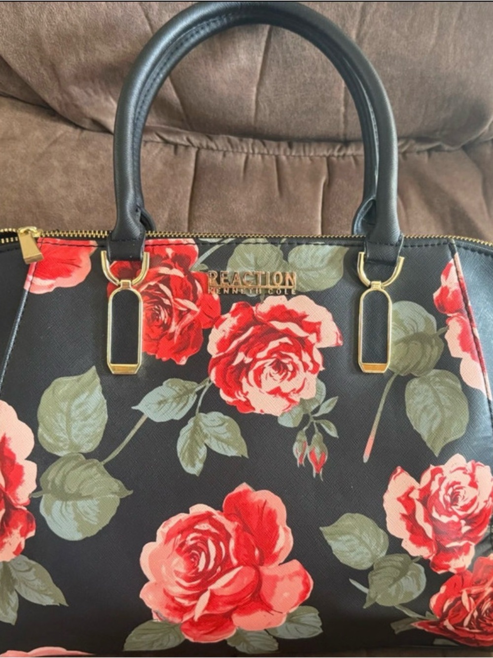 Kenneth Cole Reaction Black Satchel with Red Floral Print and Gold Hardware